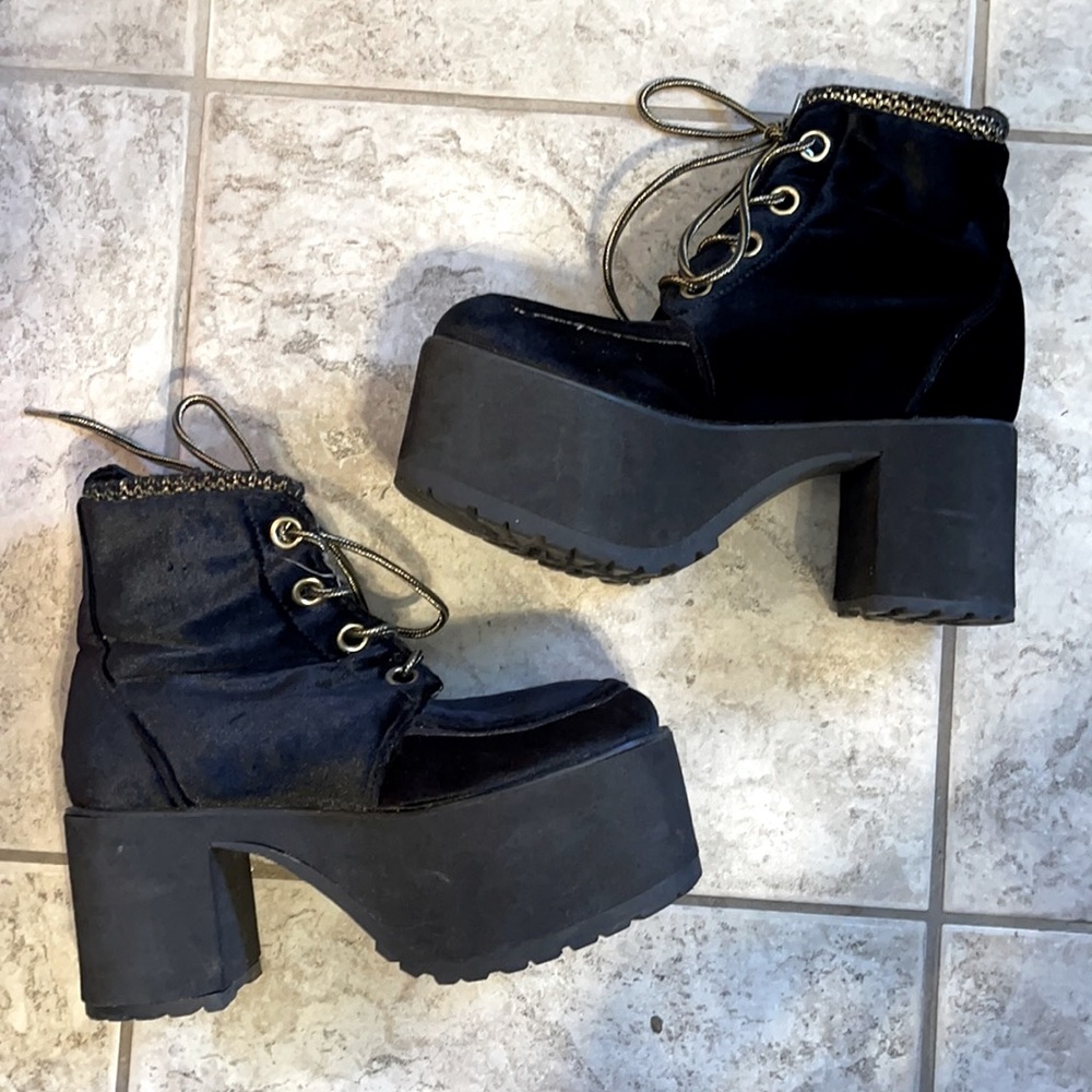 Platform T.U.K Velvet Nosebleeds with gold laces & trim